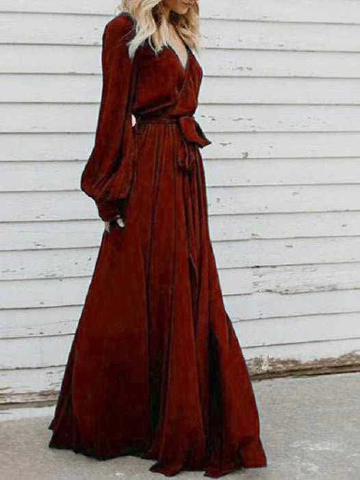 Dresses V-Neck Belted Lantern Sleeve Slit Dress - LuckyFash™