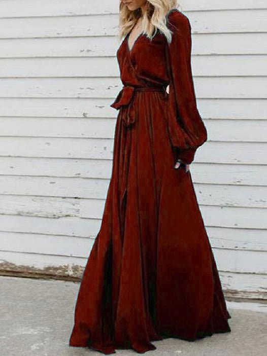 Dresses V-Neck Belted Lantern Sleeve Slit Dress - LuckyFash™