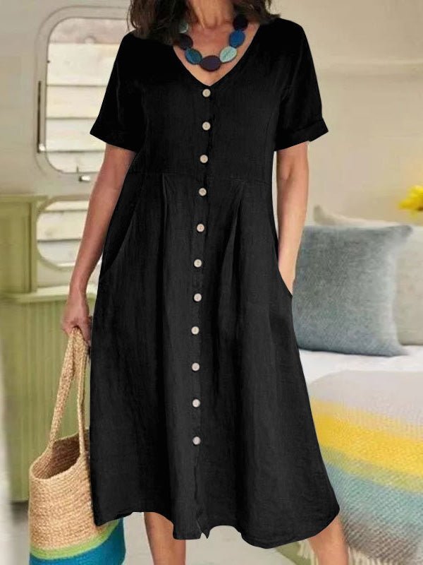 Dresses V-Neck Button Short Sleeve Casual Dress - LuckyFash™