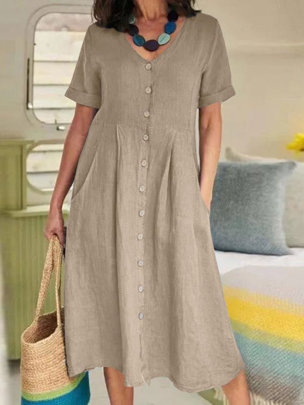 Dresses V-Neck Button Short Sleeve Casual Dress - LuckyFash™