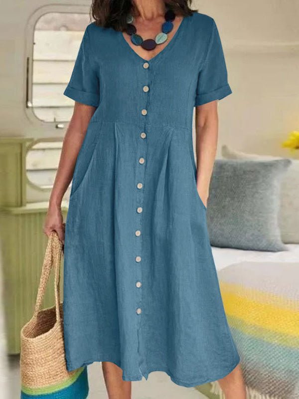 Dresses V-Neck Button Short Sleeve Casual Dress - LuckyFash™