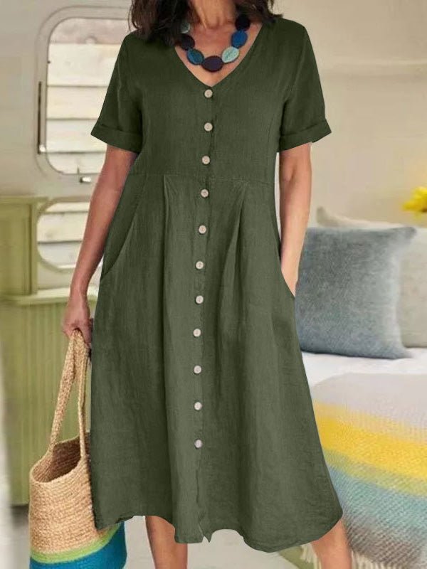 Dresses V-Neck Button Short Sleeve Casual Dress - LuckyFash™