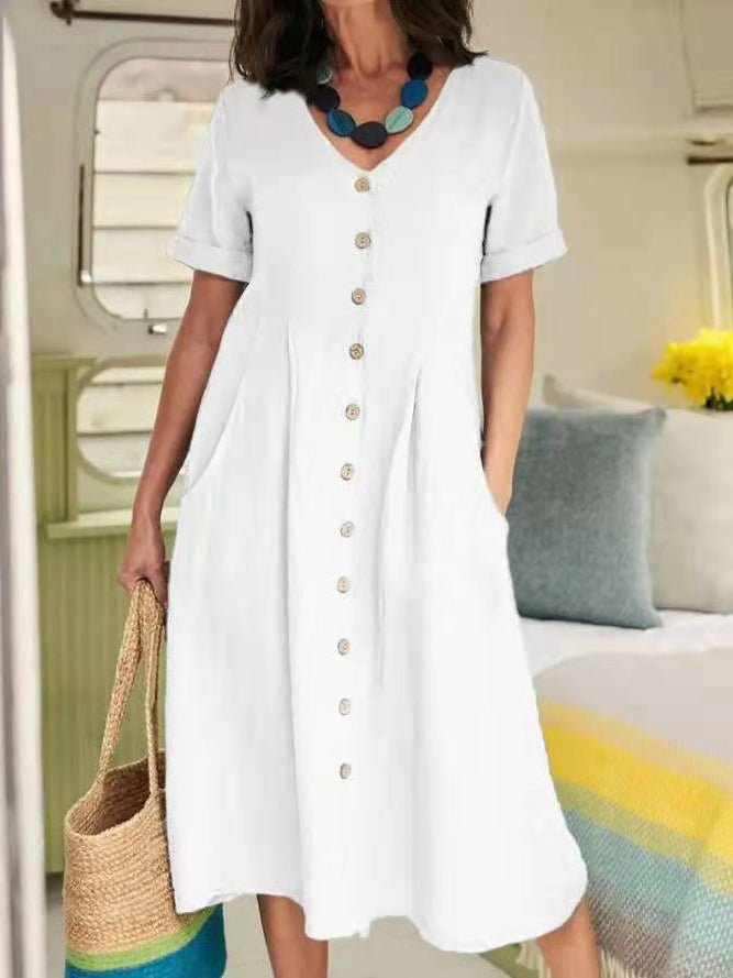 Dresses V-Neck Button Short Sleeve Casual Dress - LuckyFash™