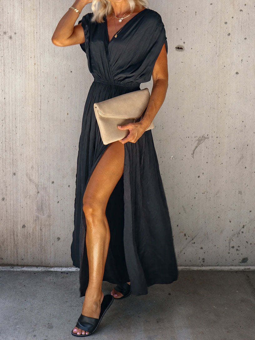 Women's Dresses V-Neck Elastic Waist Slit Dress - LuckyFash™