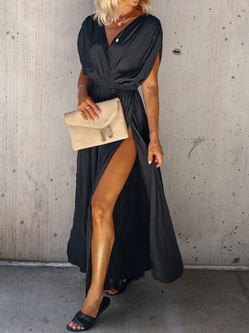 Women's Dresses V-Neck Elastic Waist Slit Dress - LuckyFash™