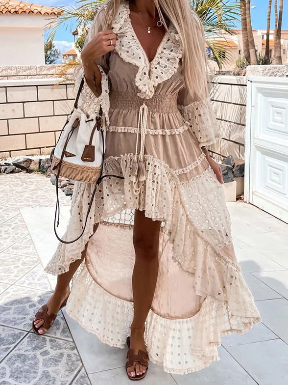 Women's Dresses V-Neck Lace Panel Ruffle Irregular Dress - LuckyFash™