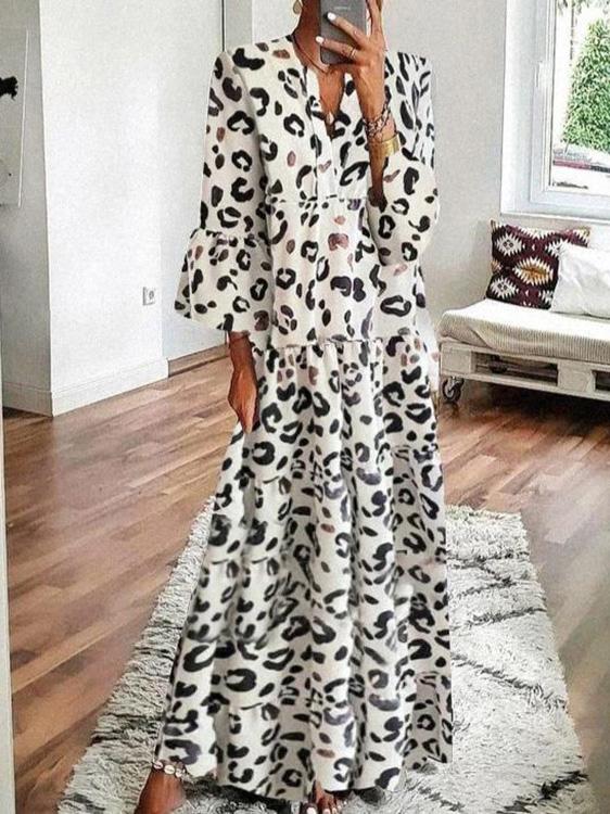 Women's Dresses V-Neck Leopard Print Boho Long Sleeve Dress - LuckyFash™