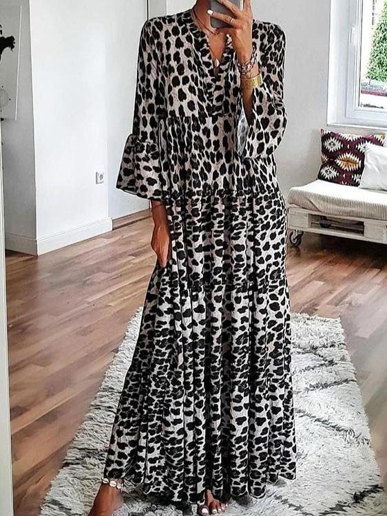 Women's Dresses V-Neck Leopard Print Boho Long Sleeve Dress - LuckyFash™