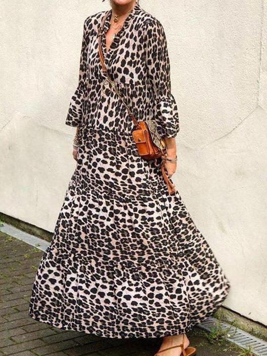 Women's Dresses V-Neck Leopard Print Boho Long Sleeve Dress - LuckyFash™