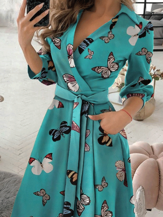 Women's Dresses V-Neck Long Sleeve Pocket Print Dress - LuckyFash™