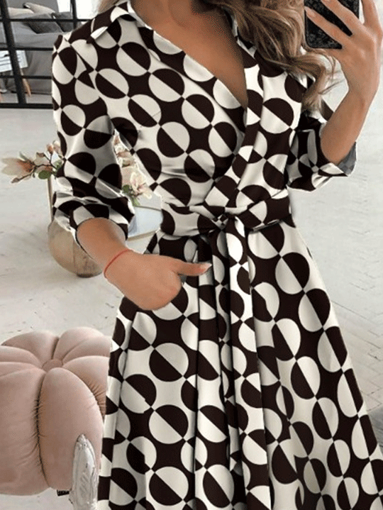 Women's Dresses V-Neck Long Sleeve Pocket Print Dress - LuckyFash™