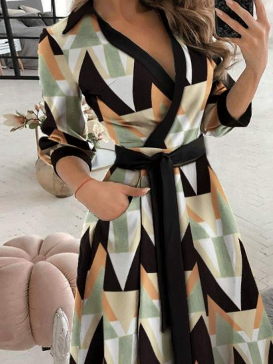 Women's Dresses V-Neck Long Sleeve Pocket Print Dress - LuckyFash™