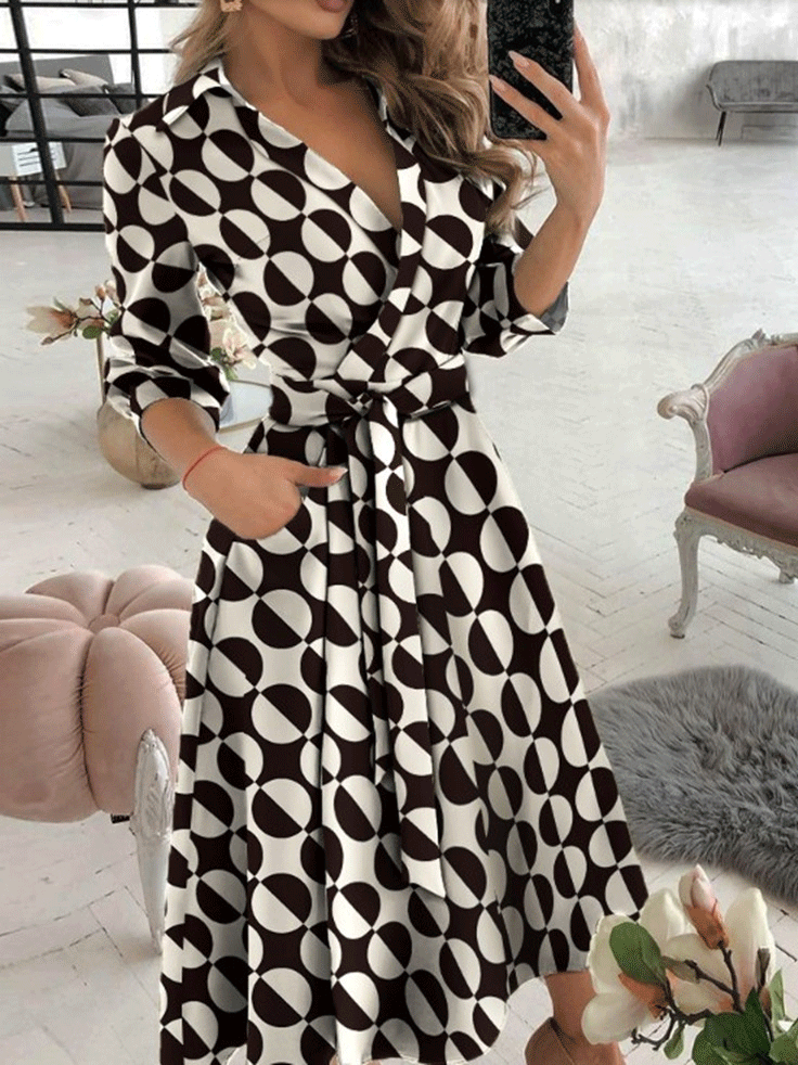 Women's Dresses V-Neck Long Sleeve Pocket Print Dress - LuckyFash™