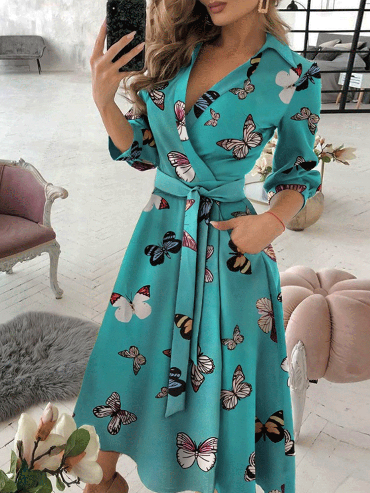 Women's Dresses V-Neck Long Sleeve Pocket Print Dress - LuckyFash™