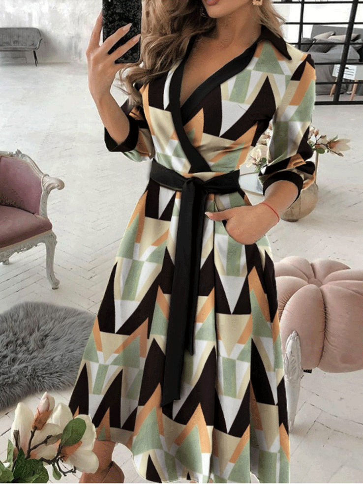 Women's Dresses V-Neck Long Sleeve Pocket Print Dress - LuckyFash™