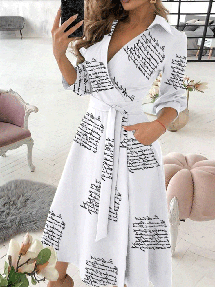 Women's Dresses V-Neck Long Sleeve Pocket Print Dress - LuckyFash™