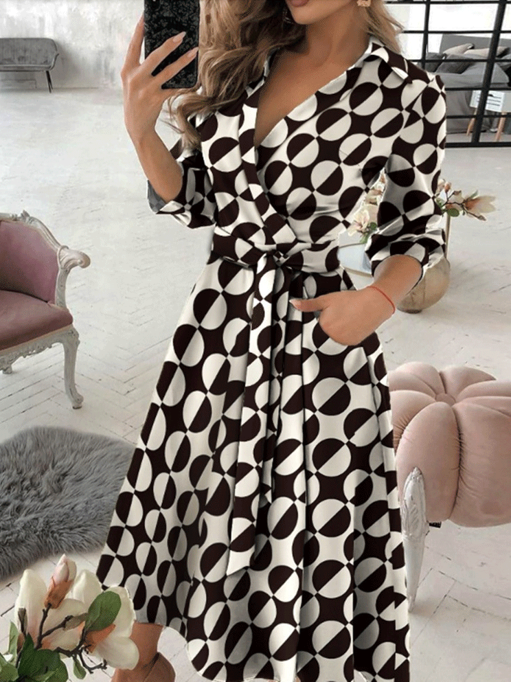 Women's Dresses V-Neck Long Sleeve Pocket Print Dress - LuckyFash™