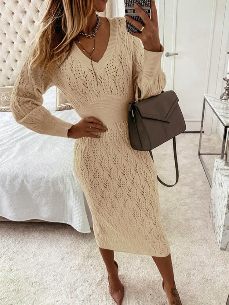 Women's Dresses V-Neck Long Sleeve Sweater Dress - LuckyFash™