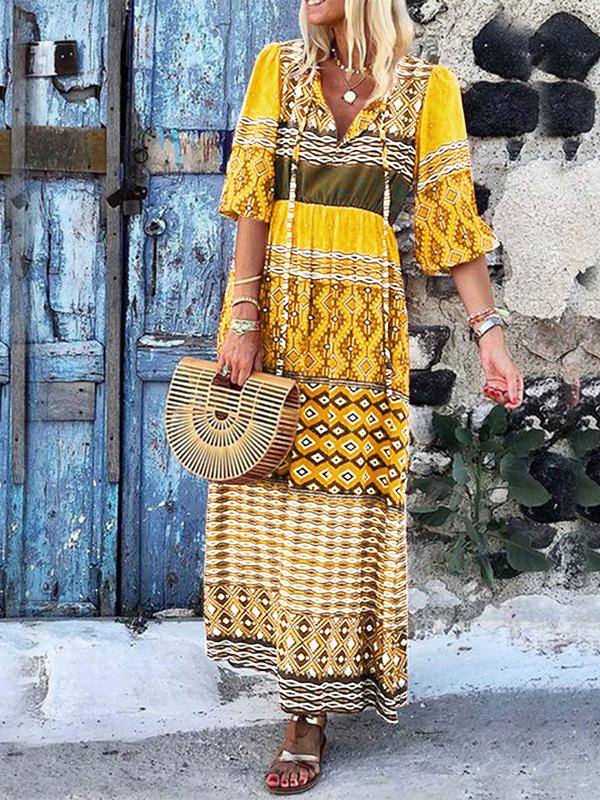 Women's Dresses V-Neck Mid-Sleeve Bohemian Print Dress - LuckyFash™