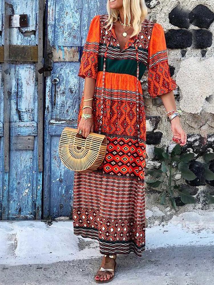 Women's Dresses V-Neck Mid-Sleeve Bohemian Print Dress - LuckyFash™