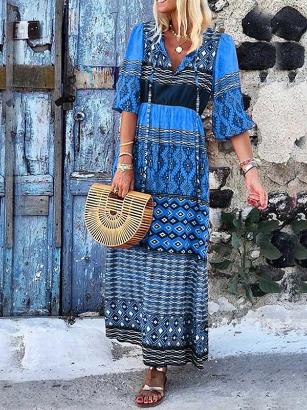 Women's Dresses V-Neck Mid-Sleeve Bohemian Print Dress - LuckyFash™