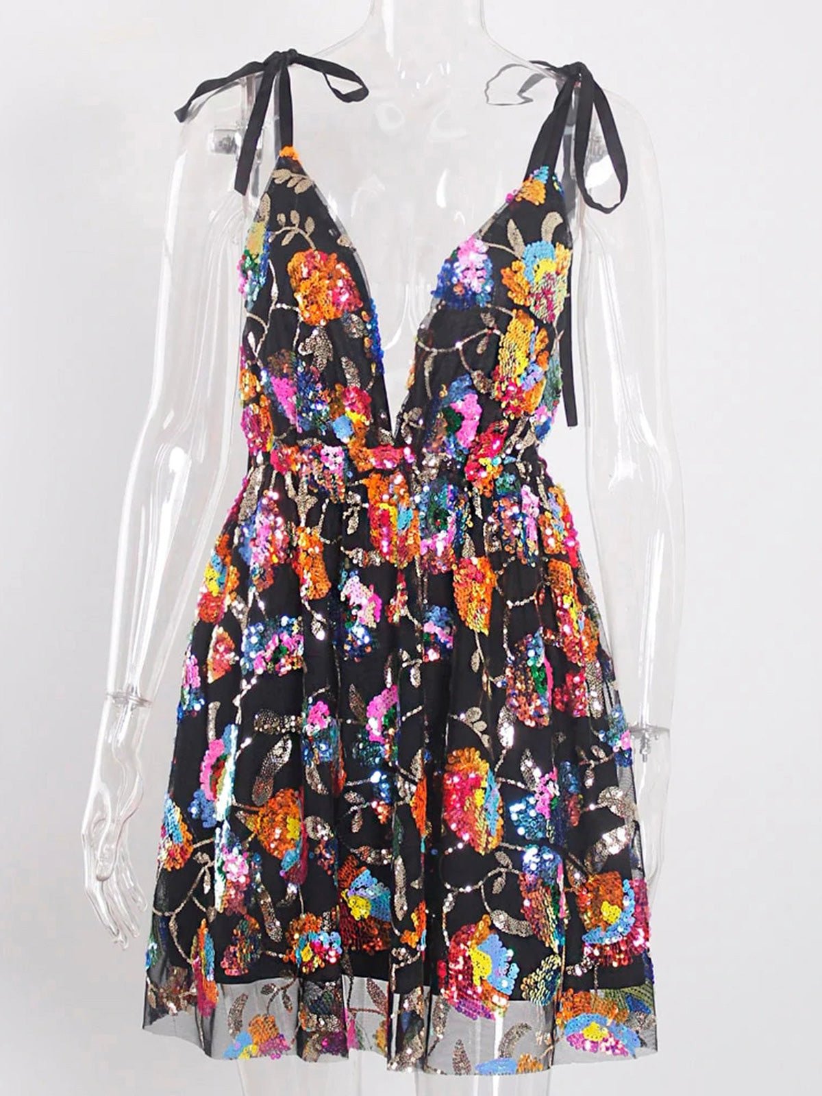 Dresses V-Neck Open Back Sequins Lace-Up Mini Dress - LuckyFash™