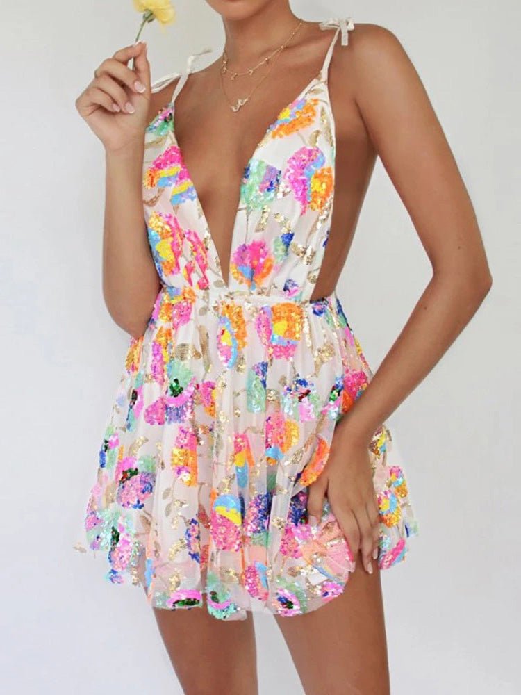 Dresses V-Neck Open Back Sequins Lace-Up Mini Dress - LuckyFash™
