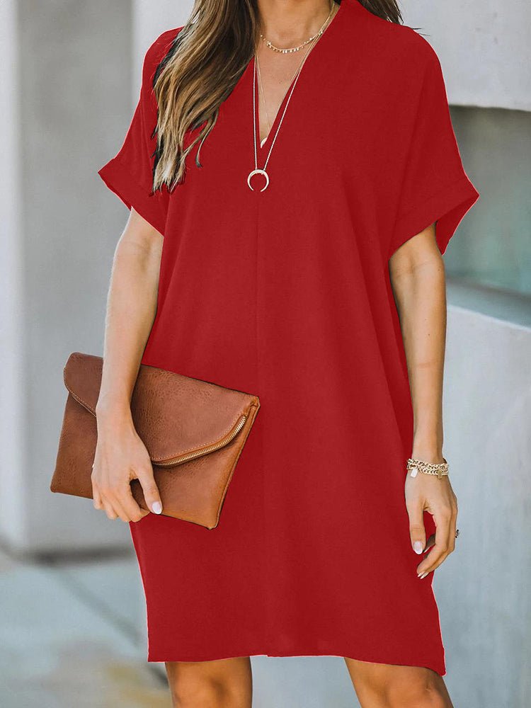 Dresses V-Neck Short Sleeve Solid Loose Mini Dress - LuckyFash™