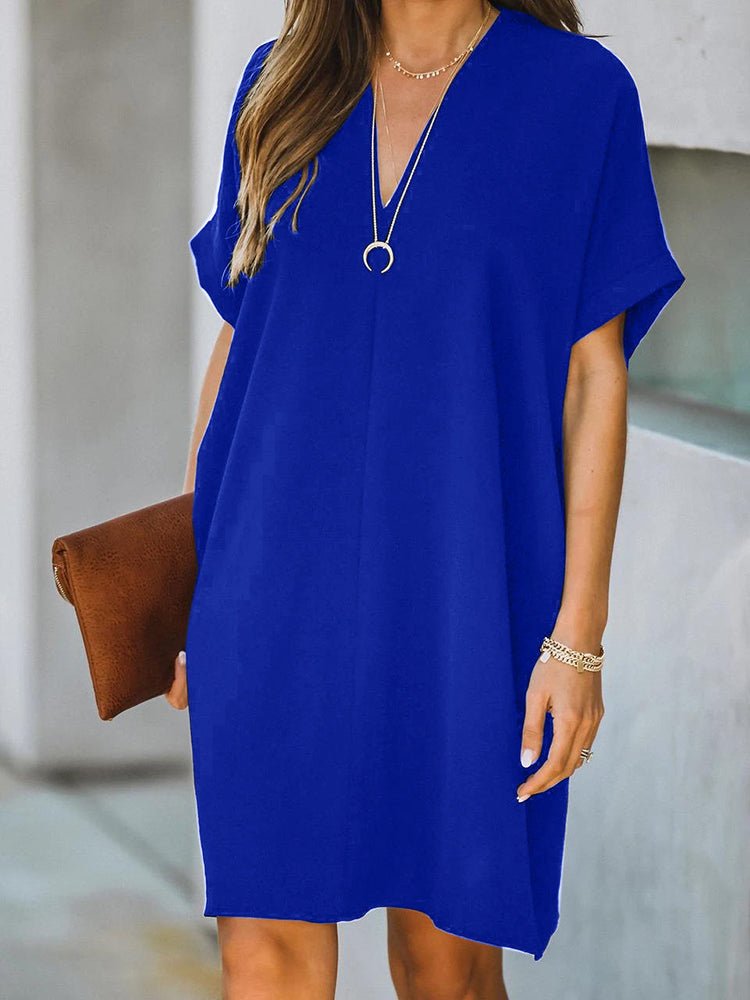 Dresses V-Neck Short Sleeve Solid Loose Mini Dress - LuckyFash™
