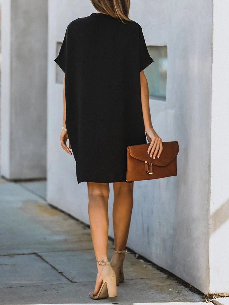 Dresses V-Neck Short Sleeve Solid Loose Mini Dress - LuckyFash™