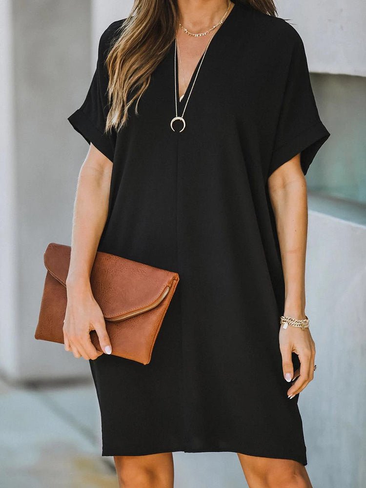 Dresses V-Neck Short Sleeve Solid Loose Mini Dress - LuckyFash™