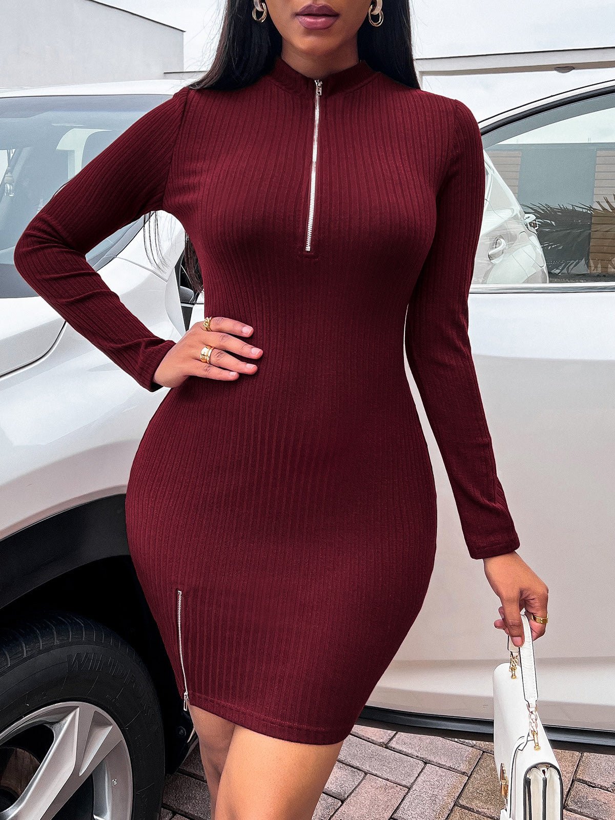 Women's Dresses Zip V-Neck Slit Long Sleeve Dress - LuckyFash™