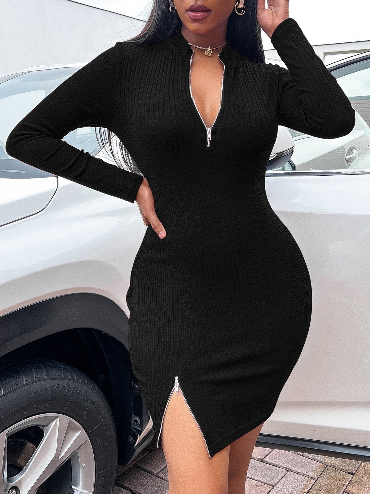 Women's Dresses Zip V-Neck Slit Long Sleeve Dress - LuckyFash™