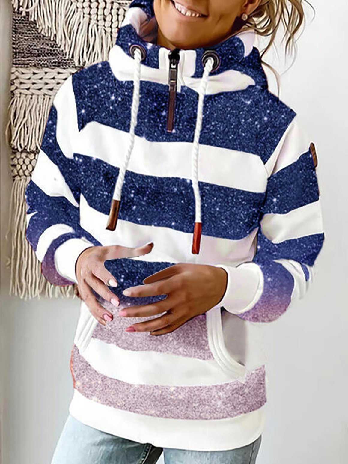 Women's Hoodies Gradient Stripe Print Zipper High Collar Pocket Hoodie - LuckyFash™