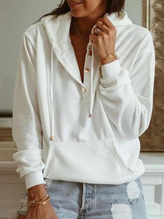 Women's Hoodies Solid Concealed Button Long Sleeve Pocket Hoodie - LuckyFash™