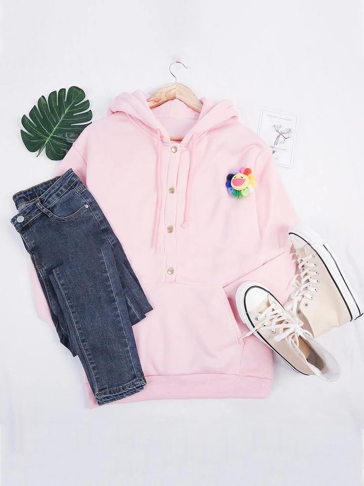 Women's Hoodies Solid Concealed Button Long Sleeve Pocket Hoodie - LuckyFash™