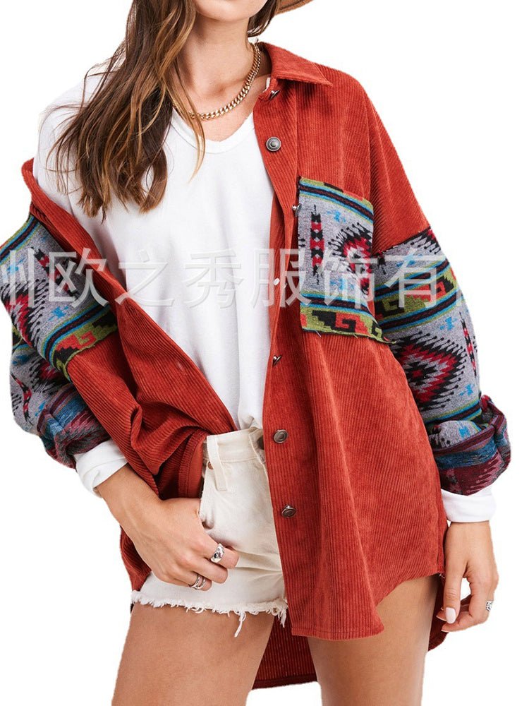 Jackets Panel Long Sleeve Printed Corduroy Jacket - LuckyFash™