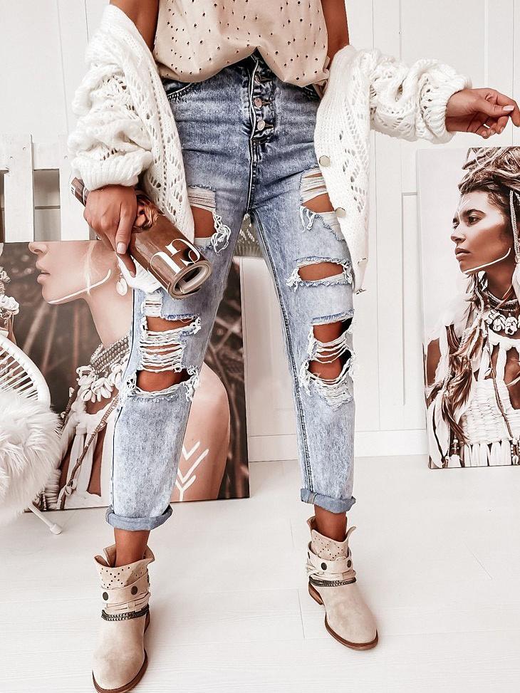 Women's Jeans Casual Washed Mid-Rise Ripped Straight-Leg Jeans - LuckyFash™