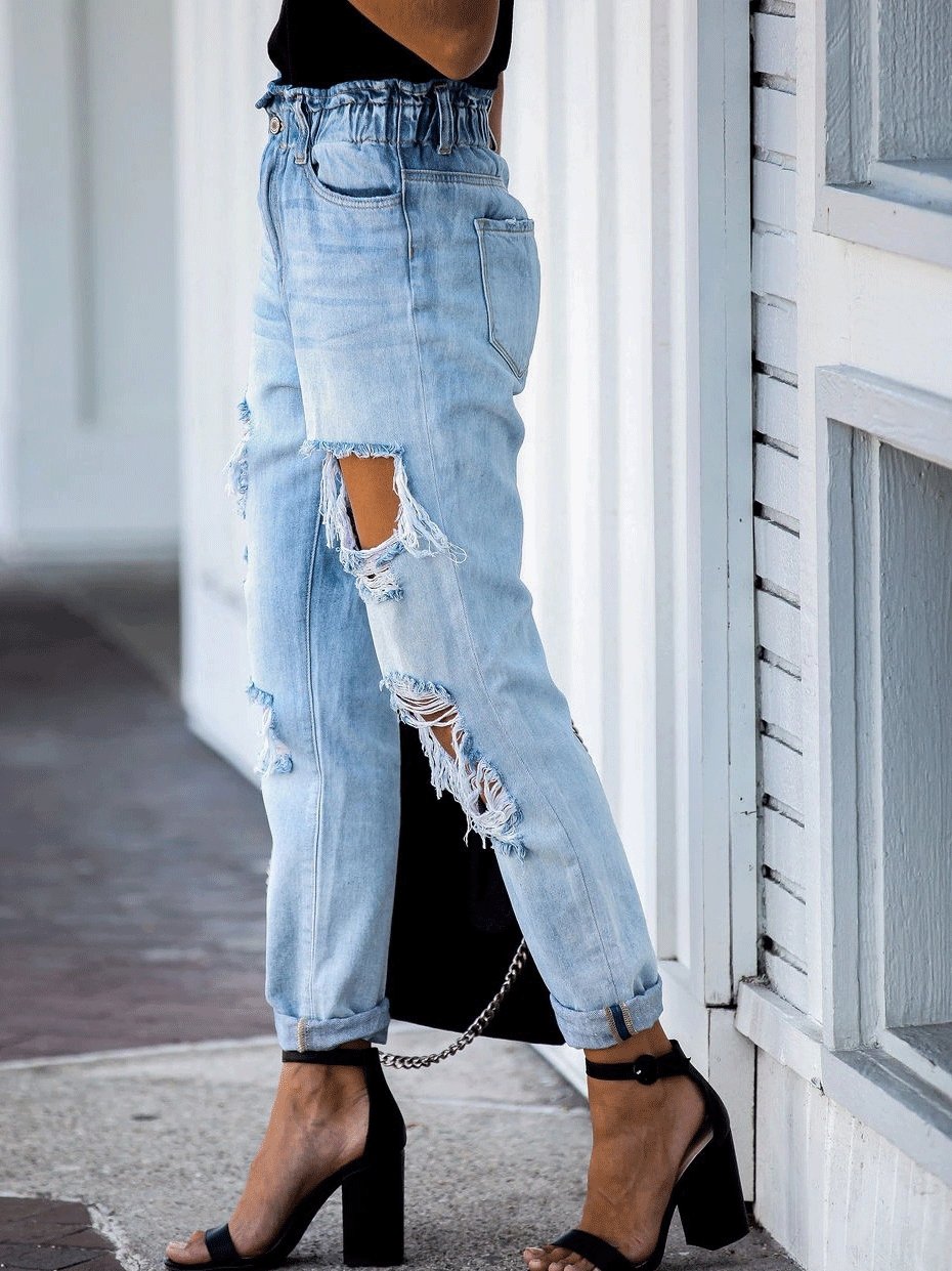 Women's Jeans Elastic Waist Ripped Straight-Leg Jeans - LuckyFash™