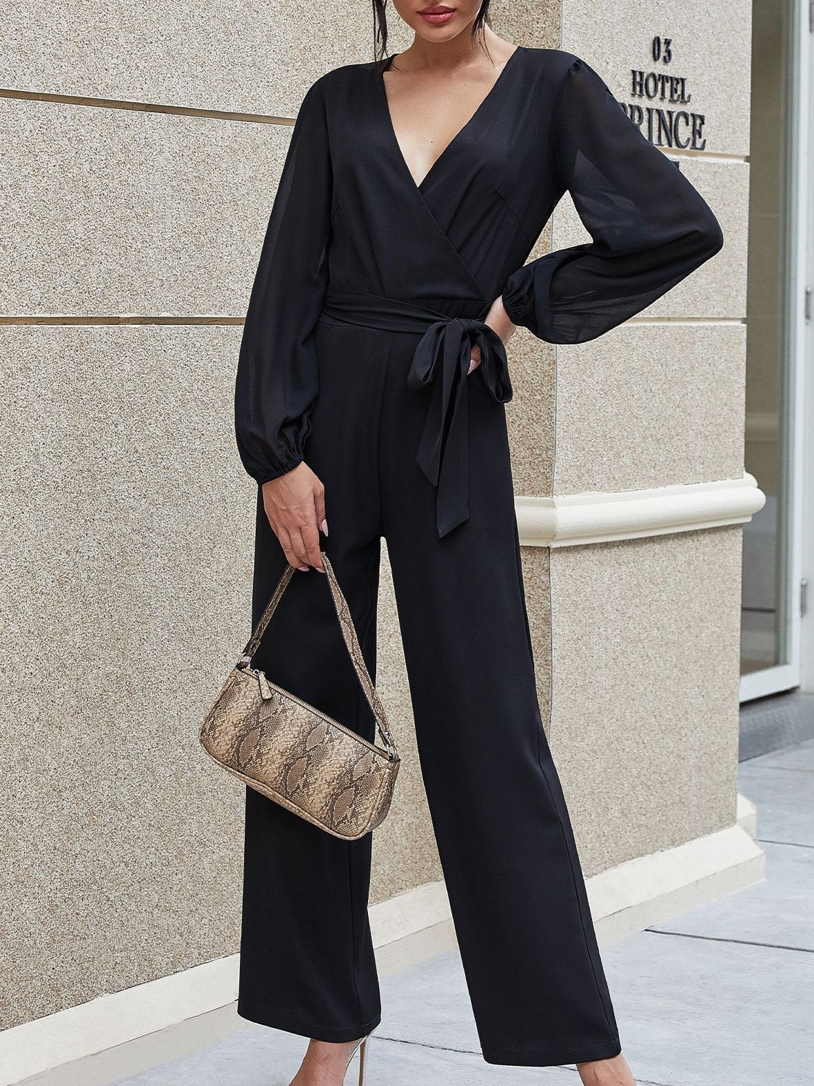 Women's Jumpsuits Lace-Up V-Neck High Waist Slim Straight-Leg Jumpsuit - LuckyFash™