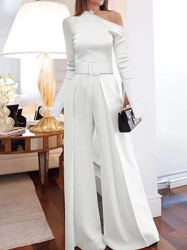 Women's Jumpsuits Long Sleeve One-Shoulder Lace-Up Wide Leg Jumpsuit - LuckyFash™