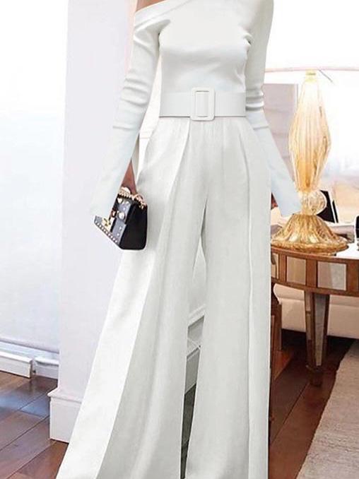 Women's Jumpsuits Long Sleeve One-Shoulder Lace-Up Wide Leg Jumpsuit - LuckyFash™