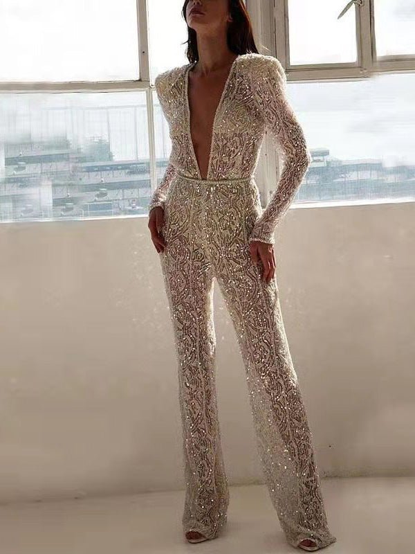 Women's Jumpsuits Shiny V-Neck Long Sleeve Jumpsuit - LuckyFash™