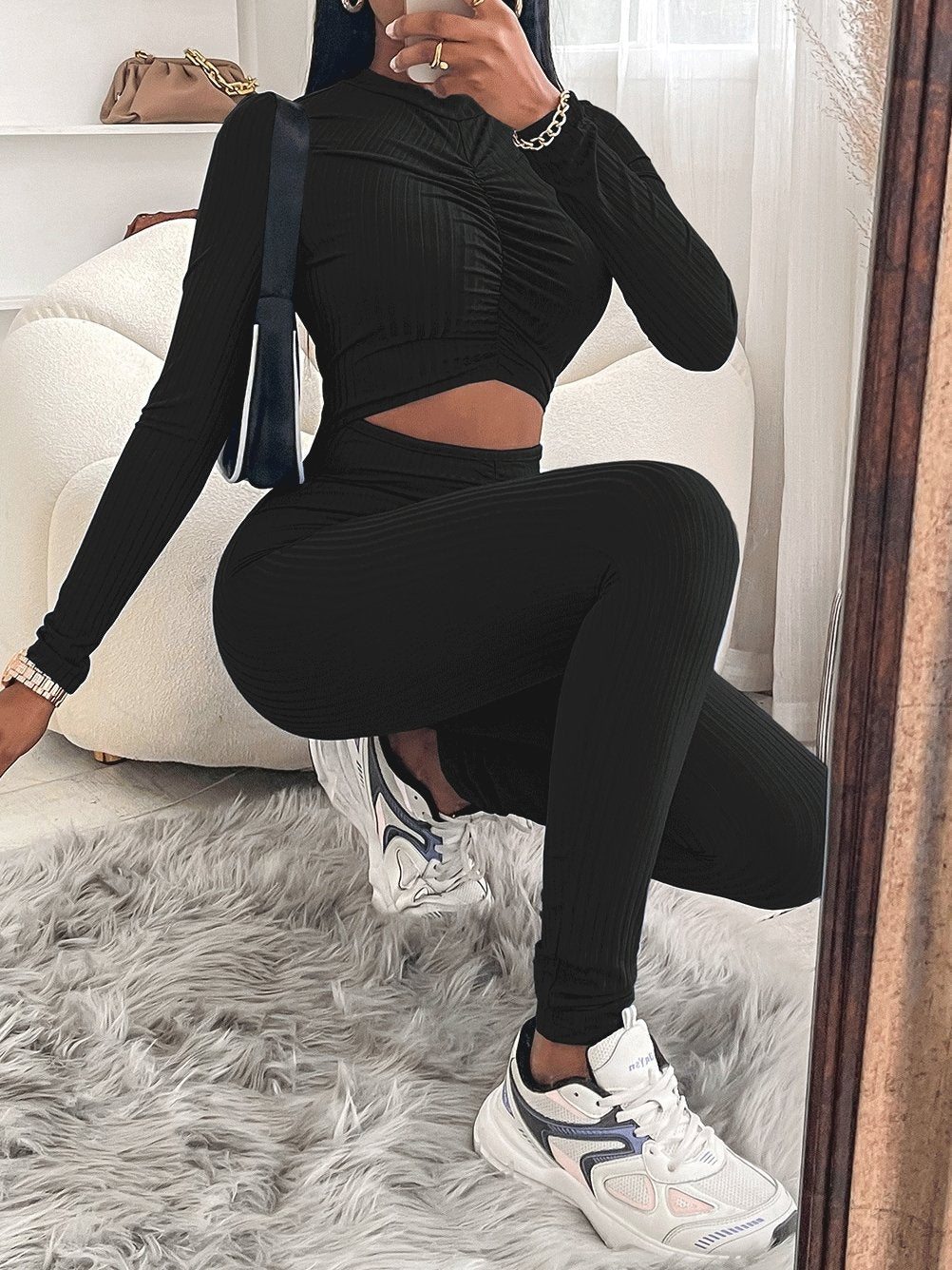 Women's Jumpsuits Smocked Long Sleeve Waist Hollow Skinny Jumpsuit - LuckyFash™