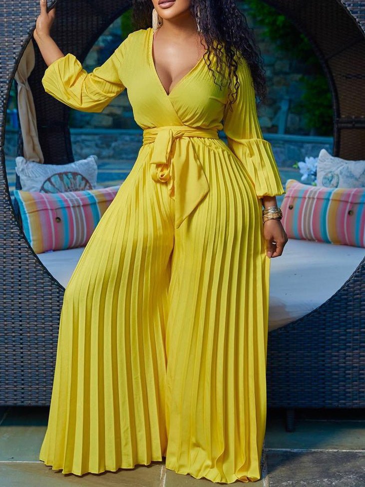 Women's Jumpsuits V-Neck Tie Pleated Wide-Leg Jumpsuit - LuckyFash™