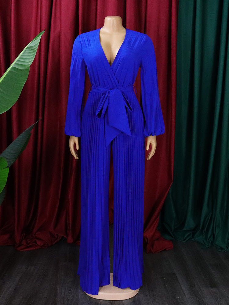 Women's Jumpsuits V-Neck Tie Pleated Wide-Leg Jumpsuit - LuckyFash™