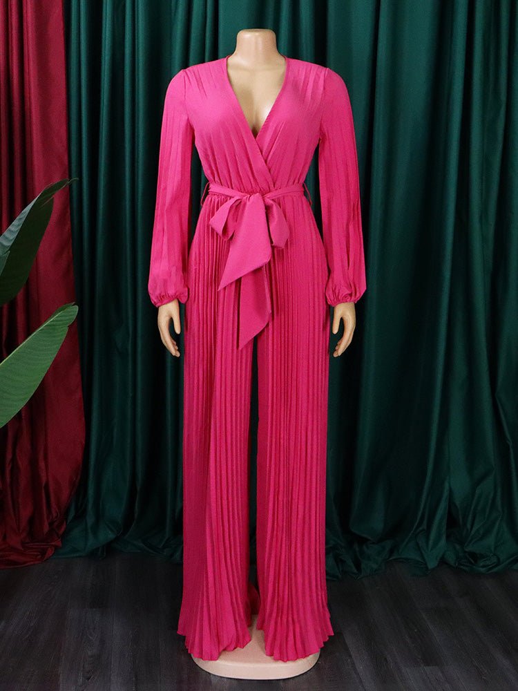 Women's Jumpsuits V-Neck Tie Pleated Wide-Leg Jumpsuit - LuckyFash™