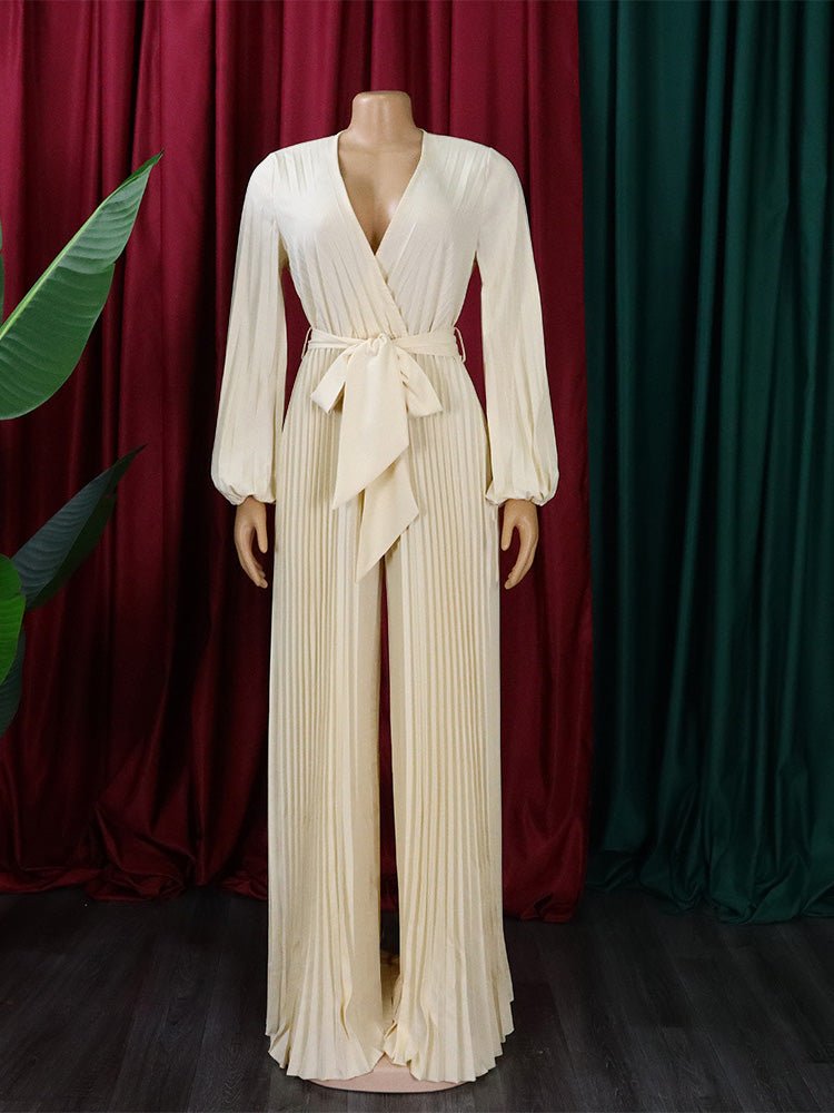 Women's Jumpsuits V-Neck Tie Pleated Wide-Leg Jumpsuit - LuckyFash™