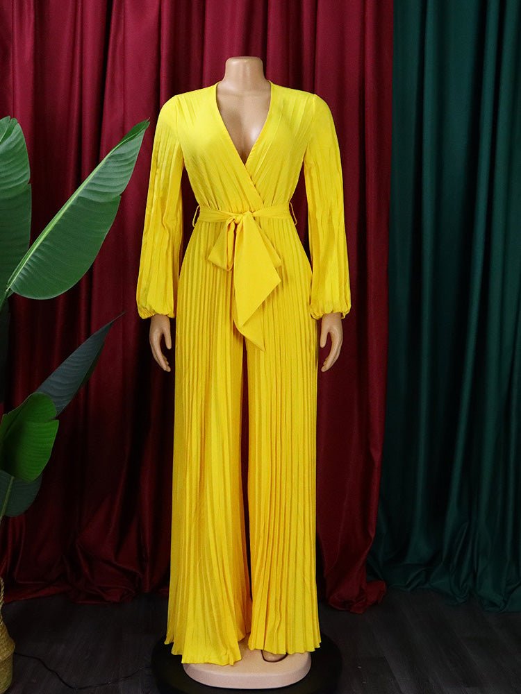 Women's Jumpsuits V-Neck Tie Pleated Wide-Leg Jumpsuit - LuckyFash™