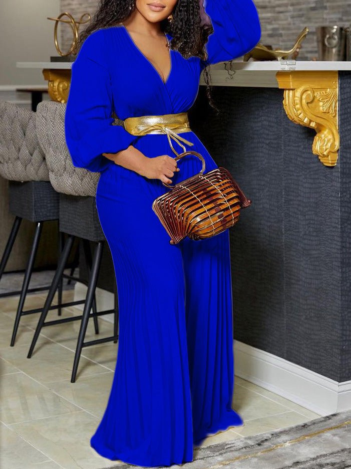 Women's Jumpsuits V-Neck Tie Pleated Wide-Leg Jumpsuit - LuckyFash™